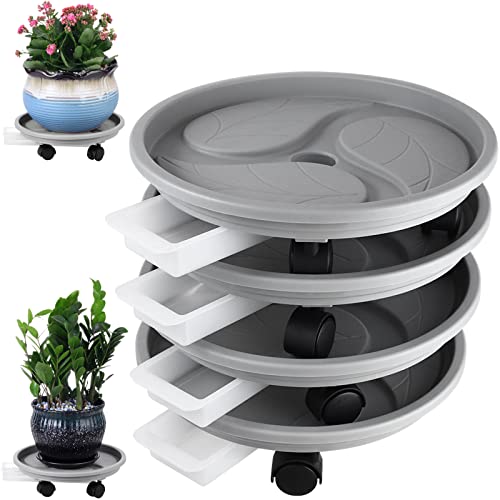 "4-pack 13"" Plant Caddy with Wheels, Drainage Tray & Heavy-duty Casters - Large Rolling Plant Stand for Moving Heavy Pots, Indoor & Outdoor Use, Grey"