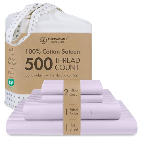 Threadmill 500 Thread Count Cotton King Sheet Set, Damask Stripe, Lilac - 100% Cotton, Damask Stripe Pattern, 4-Piece Set, All-Around Elastic, Breathable, OEKO-TEX Certified, Machine Washable