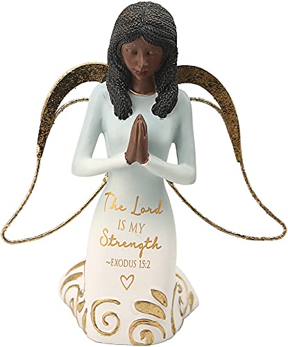 Pavilion Gift Company Lord Is My Strength Exodus 15:2-5.25 Inch African American Kneeling Praying Collectible Resin Angel Figurine, Blue