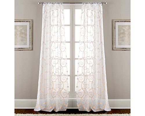 Pacific Coast Textiles Modern Threads Amrapur Overseas Leaf Swirl Sheared Curtain Set, Polyester, White/Taupe, 37 x 84-Inch, 2-Piece