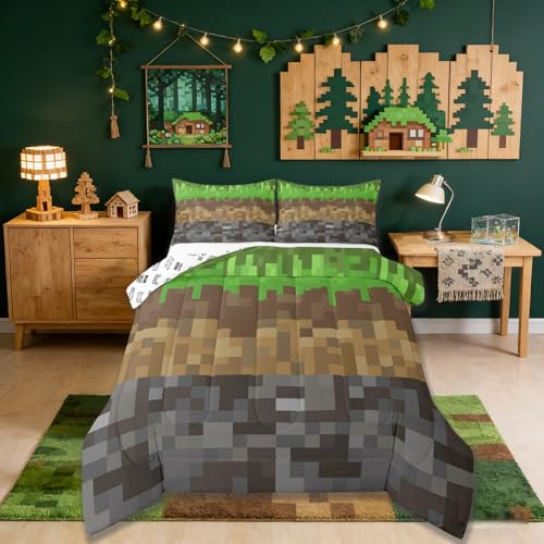 Miners Pixel Checked Kids Comforter Set Twin Size,Video Games Check Lattice Bedding Set Boys Room Decor,Game Cartoon Gamepad Quilt Comforter,Gray Green Brown Duvet Set Bedroom Quilt Set,1 Pillowcase