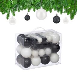 Relaxdays Christmas Baubles, Set of 50, Tree Ornaments, ∅ 3, 4 & 6 cm, Decorations, Glittery, Matte & Shiny, Black/White