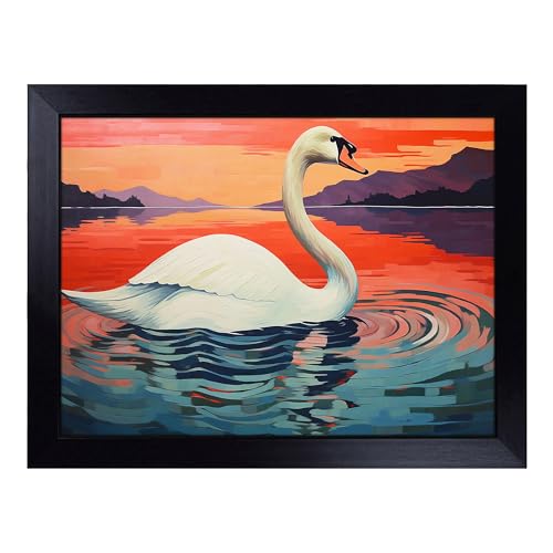 Lap Tray with Bean Bag Cushion, Swan Art Deco - Handmade in the UK, Raised Wooden Edge, Padded Cushion, Heat-Resistant Wipe-Clean Surface, for Meals, Laptops and Crafts