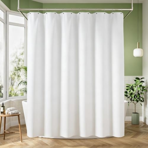 WellColor White Shower Curtain Liner 72 x 74 Inches Long, Water Repellent Polyester Bathroom Fabric Shower Curtains for Spa and Hotel Quality, Machine Washable