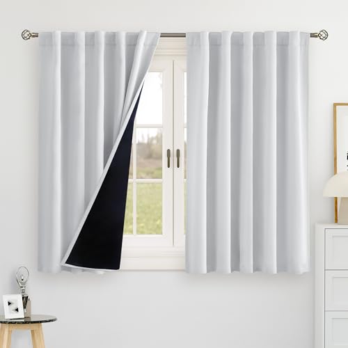 BGment Greyish White 100% Blackout 48 Inch Curtains for Small Window, Rod Pocket and Back Tab Double Layer Black Out Thermal Insulated Room Darkening Curtain for Kitchen, 2 Panels, Each 42 x 48 Inch