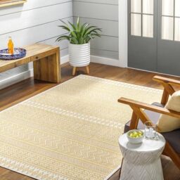Livabliss Mimi Motril Geometric Indoor Outdoor Carpet 130x180 cm – Patio, Garden, Decking, Boho Pattern, UV & Weather Resistant, Stain Durable, Mustard & Ivory