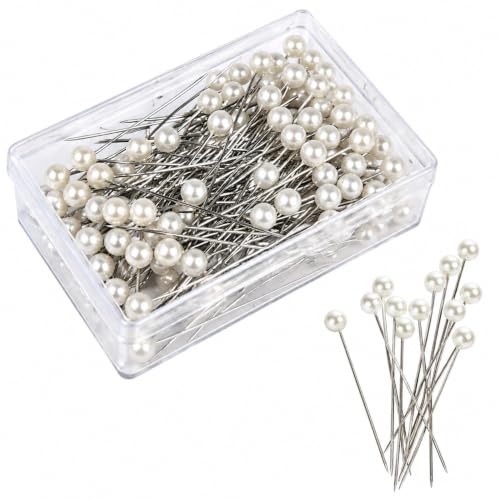 Pearl Pins 200 Pcs with Clear Box, White Faux Pearl Head Sewing Pins (38mm) ??? Straight Buttonhole Pins for Wedding Corsages & Crafting