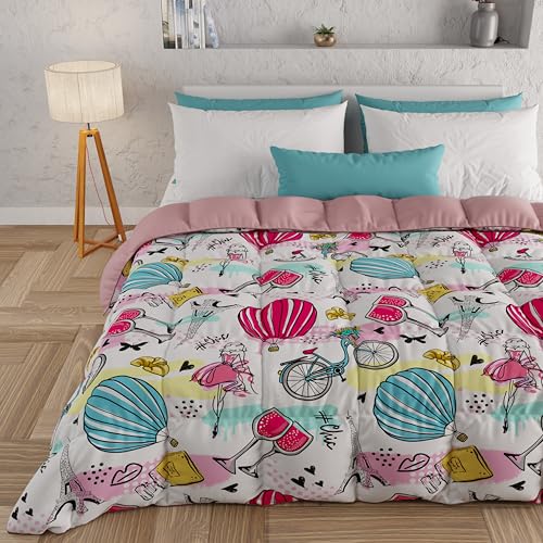 PETTI Artigiani Italiani - Quilt, Winter Duvet, Winter Quilt, Single Double Sided Quilt, Solid Colour and Digital Print, 100% Hypoallergenic Microfibre, Made in Italy