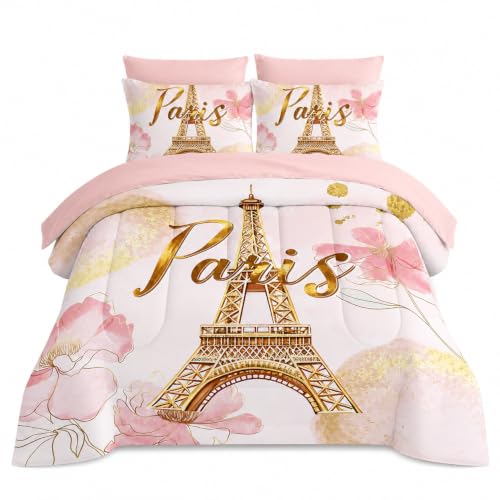 AILONEN Paris Eiffel Tower Comforter Set Queen 7-Piece Tie Dye Flower Pink Bed in a Bag for Girls Women,Soft Comforter & Fitted Sheet with Flat Sheet,2 Pillowcases,2 Pillow Shams