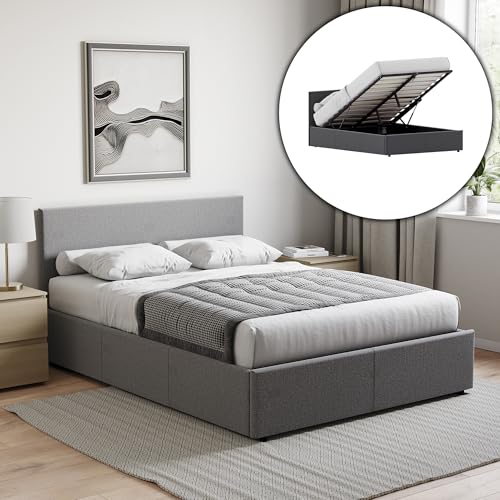 Vida Designs Veronica Double Ottoman Bed Frame - Beige Linen - Upholstered Fabric - 4ft6 - Gas-Lift End Opening - Under-Bed Storage Space, Slatted Bed Base - Bedroom Furniture