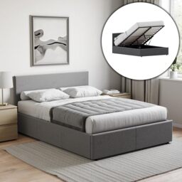 Vida Designs Veronica King Ottoman Bed Frame - Dark Grey Linen - 82 H X 159 W x 210 D cm (5ft) - Upholstered Linen Headboard - Gas-Lift - Large Storage - Slatted Base - Premium Bedroom Furniture