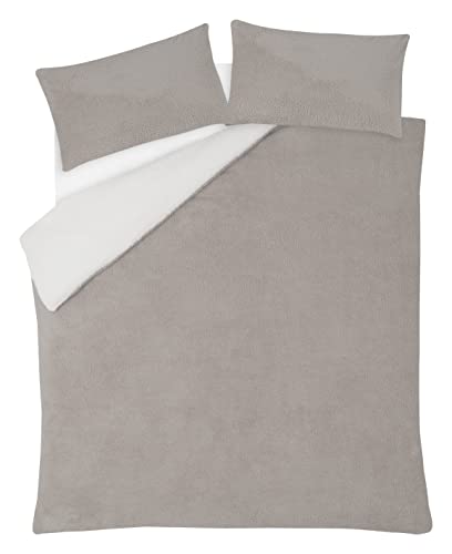 Sleepdown Reversible Teddy Fleece Thermal Warm Cosy Super Soft Duvet Cover Quilt Bedding Set with Pillow Case - Single (135 cm x 200 cm) - Cream / Mink