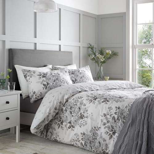 Catherine Lansfield Elinda Floral Reversible Single Duvet Cover Set with Pillowcase Grey
