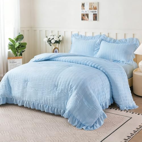 NTBED 5 Pieces Light Blue Seersucker Comforter Set for Girls Kids, Soft Chic Ruffled Bedding Sets, Boho Princess Bed in a Bag Twin