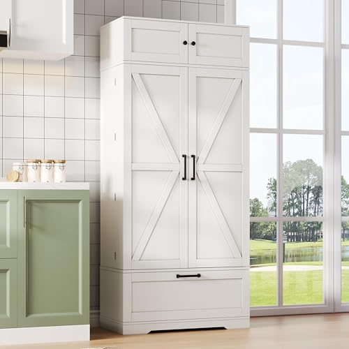 Ball & CastKitchen Pantry Cupboard, Tall Storage Cabinet with 2 Barn Doors and 2 Drawers, Larder Cupboard with Adjustable Shelf, Free Standing Kitchen Units, White, Modern