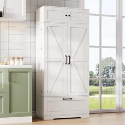 Ball & CastKitchen Pantry Cupboard, Tall Storage Cabinet with 2 Barn Doors and 2 Drawers, Larder Cupboard with Adjustable Shelf, Free Standing Kitchen Units, White, Modern