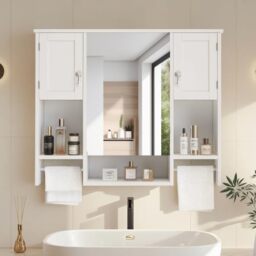 VECELO Bathroom Wall Cabinet with Mirror, Large Wall Mounted Bathroom Cabinet with Adjustable Shelf, Open Compartment and 2 Towel Bars, 89×18×73.5 cm, White