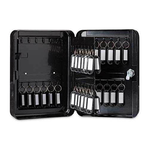 Relaxdays Metal Key Cabinet, Lockable, 48 Hooks with Key Tags, HWD 25x18x7.5 cm, Black