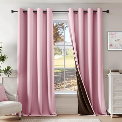 Beauoop Pink 100% Blackout Curtains for Bedroom Living Room 52x96 2 Panels - Room Darkening Thermal Insulated Drapes 96 Inches Long Soundproof Energy Saving Window Treatments Grommet Top