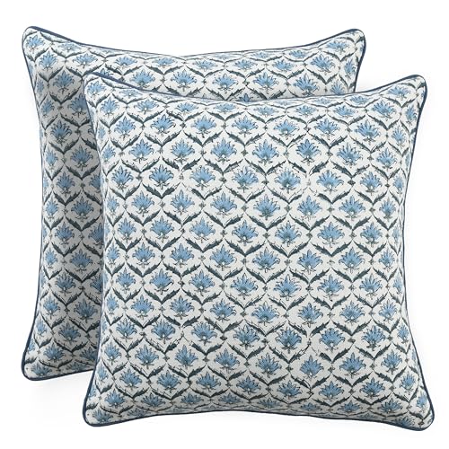 CPC Throw Pillow Covers for Couch, 24x24 Inch Decorative Couch Pillows for Living Room, 100% Cotton Boho Cute Outdoor Pillows, Flower Pillow Covers or Preppy Throws-Jeans Blue