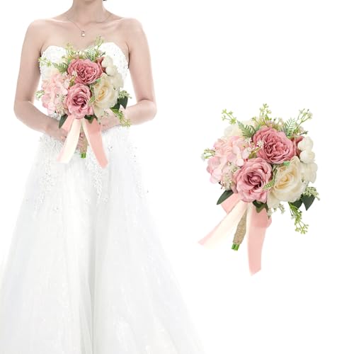 HOMENERGY Bridesmaid Bouquets for Wedding - 9 Inch Artificial Flowers Bouquets for Ceremony Anniversary Centerpieces Decorations - Pink & White