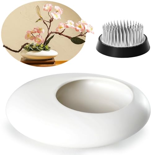Ikebana Japanese Inspired Ceramic Vase, Pebble Shaped Bowl with Stand for 2 Inch Frog Flower Stems (White)