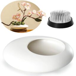 Ikebana Japanese Inspired Ceramic Vase, Pebble Shaped Bowl with Stand for 2 Inch Frog Flower Stems (White)