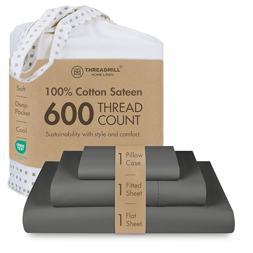 Threadmill Home Linen Twin-XL Bedding Bed Sheets - 100% Natural Cotton 600 Thread Count, 3 Piece Sateen Weave Dark Grey Sheet Set, Comfy ELS Combed Cotton, Solid Bedsheets with Elasticized Deep Pocket