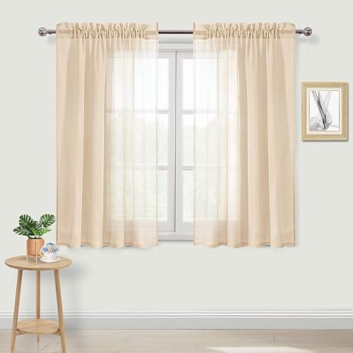 DWCN Beige Sheer Curtains Semi Transparent Voile Rod Pocket Curtains for Bedroom and Living Room, 52 x 54 inches Long, Set of 2 Panels