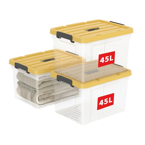 Cetomo 45L*3 Storage Boxes, Carry Plastic Storage Box with Lids, Organizing Container with Handle and Latching Buckles, Stackable, Nestable, Tote Bin for Home Office Clothes, 45L-3Pack, Clear & Yellow