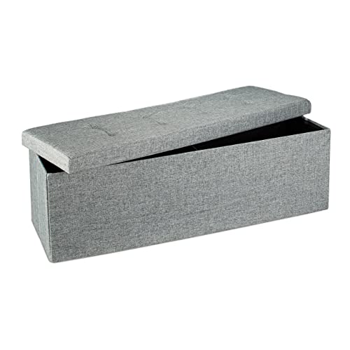 Relaxdays Folding Storage Bench XL, 38 x 114 x 38 cm, Foldable Ottoman Footstool, with Lid, Fabric, Grey