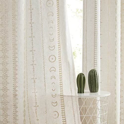 "SXZJTEX Gold Aztec Curtains Light Filtering for Living Room, Boho Geometric Tribal Print Curtain for Bedroom, Linen Semi Sheer Curtains 63 Inches Long 2 Panels, Grommet Drapes 55""W x 63""L, Gold/Beige"