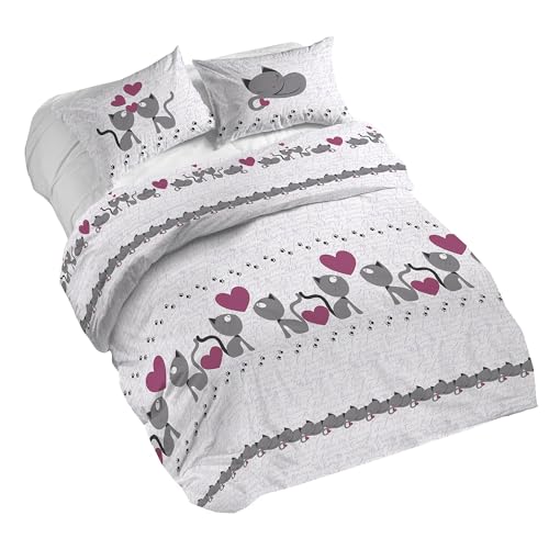 PENSIERI DELICATI 100% Cotton Double Duvet Cover Set, Complete with 250 x 200 cm Bag and 2 Pillowcases 52 x 82 cm, Made in Italy, Duvet Cover Machine Washable At 40 Degrees, Pink Cats Design