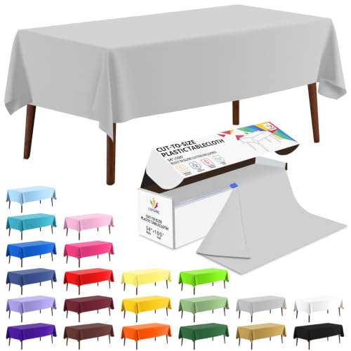 CXPSINC 54 Inch X 100 Feet Plastic Table Cover Roll Disposable Tablecloth with Slide Cutter for All Type/Shape Tables - Party, Banquet, Birthdays, Weddings(Silver, 100 Feet)