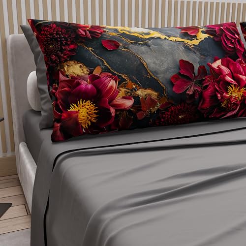 PETTI Artigiani Italiani - Cotton Sheets with Pillowcases in Digital Print, Single Bed Sheet, Single Bed Set, Floral 16 Dark Grey, 100% Made in Italy