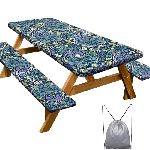 Picnic Table Cover with Bench Covers Camping Essentials Waterproof Windproof Camping Tablecloth with Drawstring Bag, Fitted Rectangle Tables and Seats, 72in, Deep Blue Green