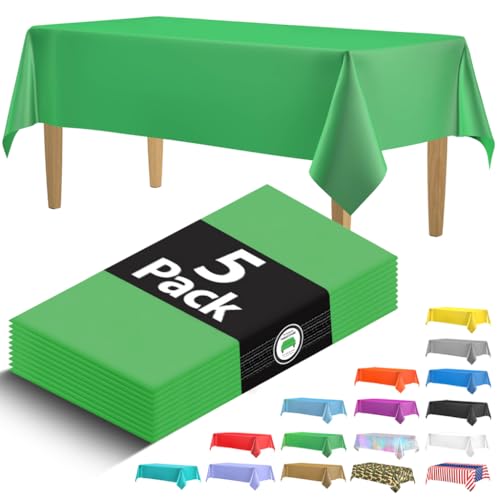5 Pack Premium Green Plastic Tablecloth - 108 x 54 in. Disposable Rectangle Plastic Table Cloth - Decorative Rectangle Table Cover Smooth Tablecloth - Disposable Table Cloths For Parties, Weddings.