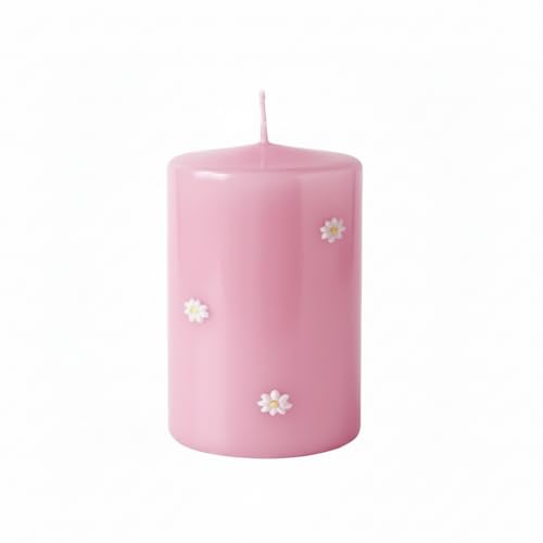 Cereria Di Giorgio - Candle Candle Decorated with Daisies - Powder Pink Colour - Diameter 7 cm Height 10 cm - Burning time 55 Hours - with Gift Bag - Spring Collection - Artisan