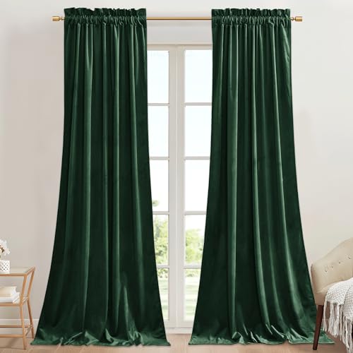 StangH Green Velvet Blackout Curtains Luxury Thick Noise Reducing Privacy Room Dividers Thermal Insulated for Dining Living Room Bedroom, Dark Green, W62 x L96, 2 Panels
