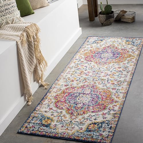 Livabliss Julia Rabat Vintage - Runner s Living Room 80x230 cm, Hallway, Kitchen Area - Traditional Multicoloured Boho, Easy Care - Bohemian Large, Fuchsia, Orange and Blue