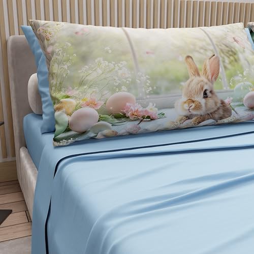 PETTI Artigiani Italiani - Easter Cotton Sheets with Pillowcases in Digital Print, French Queen, Easter Bed Sheet Set Top and Bottom with Corners, 09 Light Blue, Made in Italy