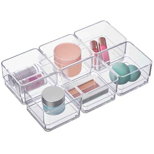 "STORi SimpleSort 6-Piece Stackable Clear Drawer Organizer Set - 3"" x 3"" x 2"" Square Trays - Small Makeup Vanity Storage Bins and Office Desk Drawer Dividers - Made in USA"