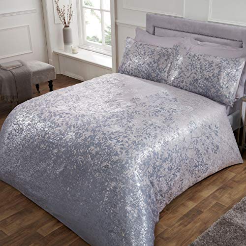 Sleepdown Jacquard Floral Silhouette Leaf Print Mink Silver Soft Cosy Luxury Duvet Cover Quilt Bedding Set with Pillowcases-King (220cm x 230cm), Polyester & Cotton