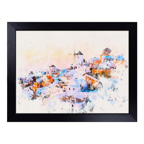 Lap Tray with Bean Bag Cushion, Oia Santorini Skyline In Greece - Handmade in the UK, Raised Wooden Edge, Padded Cushion, Heat-Resistant Wipe-Clean Surface, for Meals, Laptops and Crafts