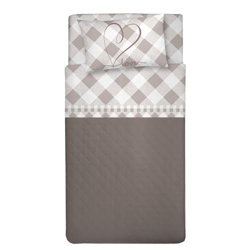 PENSIERI DELICATI 3/4 Bed Sheet Set, 100% Cotton, 120 x 200 cm, Includes Bottom Sheet, Top Sheet and 1 Pillowcase, Made in Italy, Beige Lovely Check Pattern