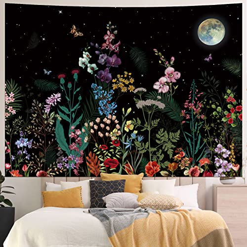 Floral Plants Tapestry Galaxy Moon Stars Tapestry Vintage Boho Flower Butterfly Tapestry Black Starry Sky Nature Tapestry Wall Hanging for Bedroom