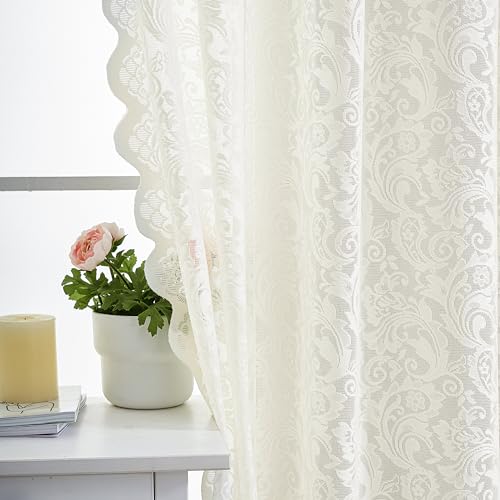 ALIGOGO Ivory Kitchen Curtains 45 Inch Length Rustic Country Floral Lace Cafe for Small Window Embroidered Privacy Scalloped Crochet Rod Pocket, 52 x 45 Inch, 2 Panels