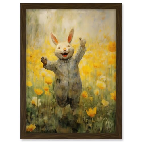 Artery8 Tulips and Rabbit Watercolour Fun Kids Baby Nursery Artwork Framed A3 Wall Art Print