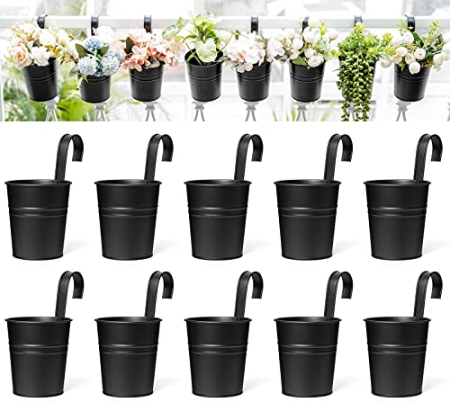 Dahey 8 Pcs Hanging Flower Pots Metal Iron Bucket Planter for Railing Fence Balcony Garden Home Decoration Flower Holders with Detachable Hooks, Black