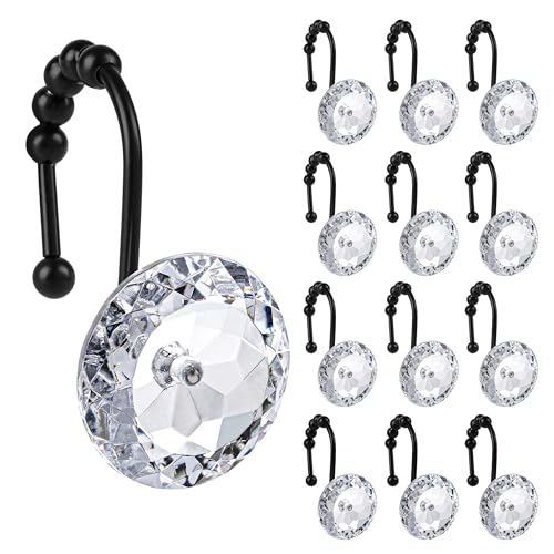 Sunlit Luxury Round Clear Diamond Crystal Sparkly Shower Curtain Hooks with Sliding Balls Rustproof Metal Rhinestones Glamorous Pack of 12